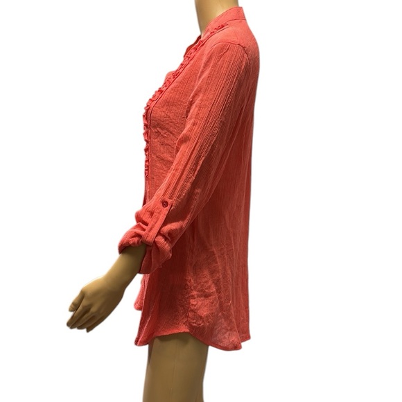 Spense Rayon Long Roll Tab Sleeve Button Up Ruffled Textured Tunic Blouse Medium - Picture 5 of 14